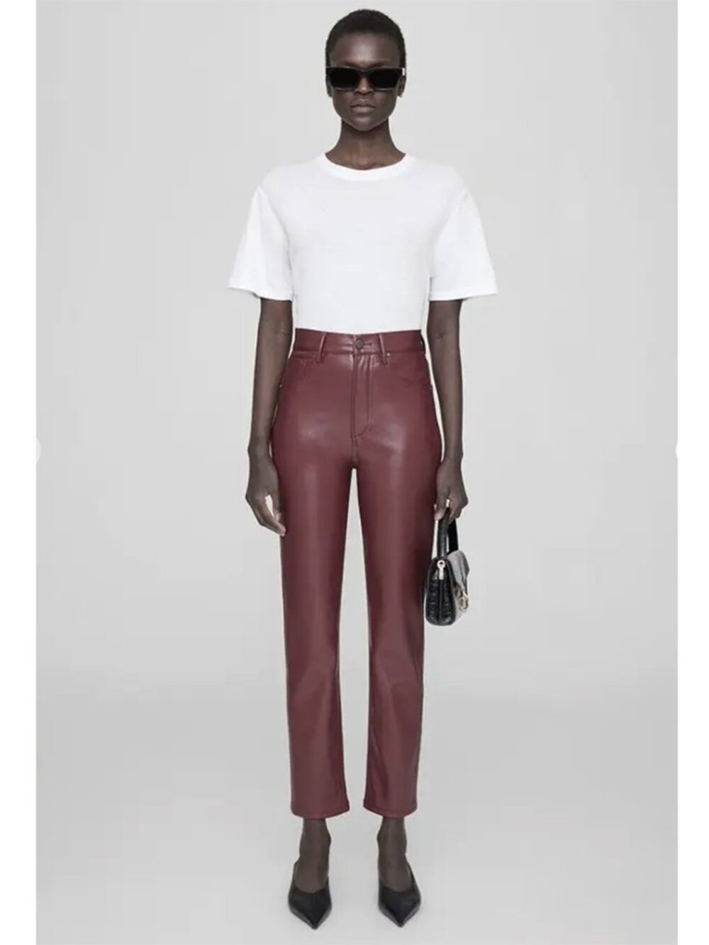 ANINE BING Sonya Vegan Leather Pant Size 38 6US Burgundy High Rise Slim Fit